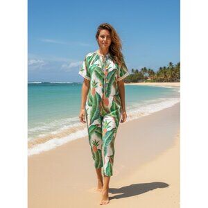 NWT Farm Rio Forest Palm Jumpsuit in White Linen Pineapple Print Crop S $250